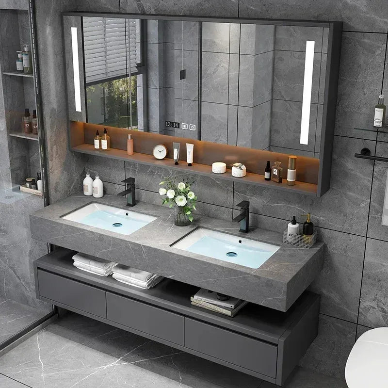 180cmLight Luxury Panel Intelligent Bathroom Cabinet Meuble Rock Salle De Bain Wood Washbasin Double Basin Bathroom Cabinet Home - Luvia