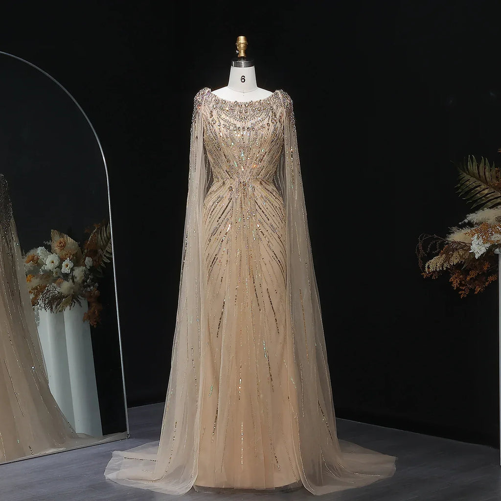 Sharon Said Luxury Gold Mermaid Evening Dress With Cape Sleeve for Women Wedding Party Lilac Prom Gown Arabic SS549 Customized - Luvia