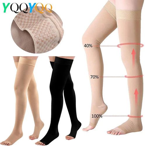 1Pair Relief Thigh High Graduated Compression Socks, 20-30 mmHg - Comfortable Unisex Design with Silicone Dot Band - Open Toe - Luvia