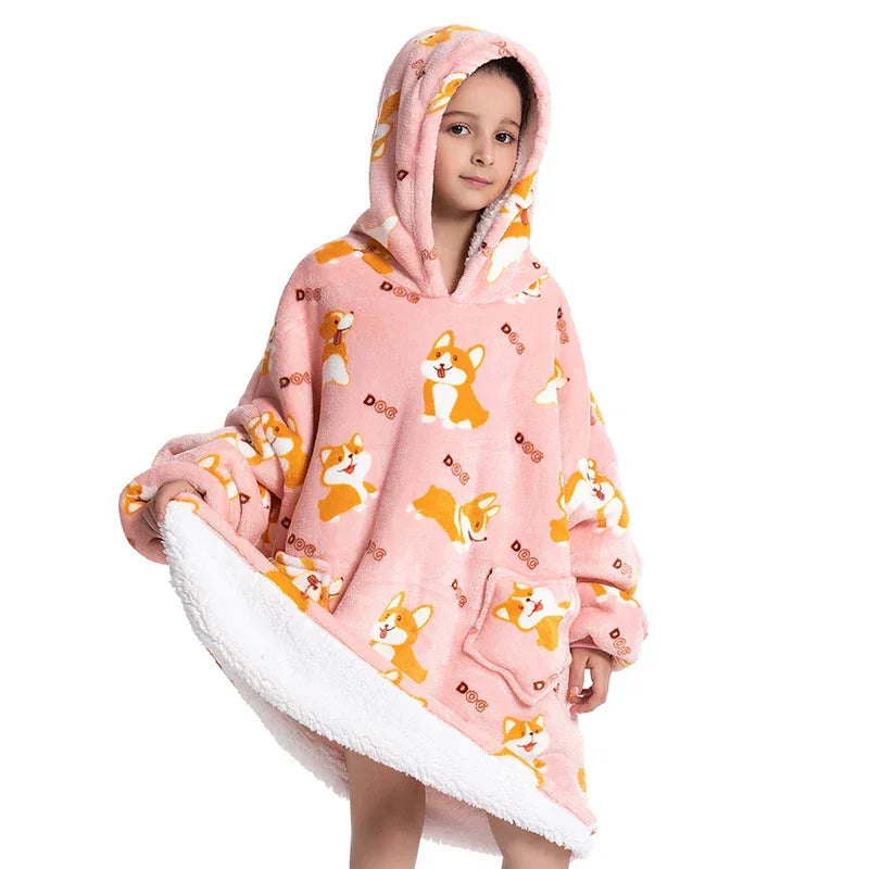 Oversized Wearale Blanket Hoodie Flannel Sherpa Fleece Warm Soft Winter Hoodie Sweatshirt for Kids Adults Home Blanket Snuggle - Luvia