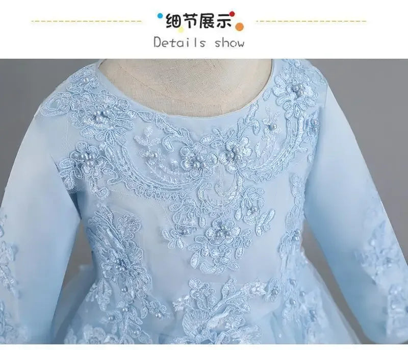 Formal Dress for Elegant Party Girls Dresses Long Sleeve Embroidery Girl's Ceremonial Clothes 5 to 14 Years - Luvia
