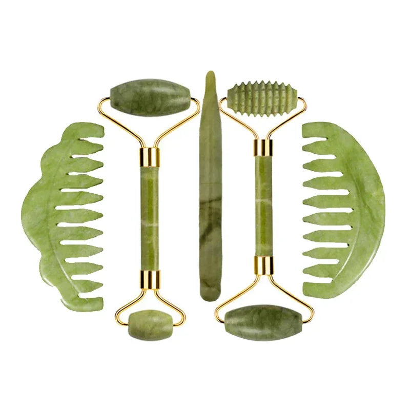 Natural Jade Roller Gua Sha Massage Set Guasha Board Comb Gouache Scraper Body Acupuncture Spa Facial Anti Aging Lifting Tools - Luvia