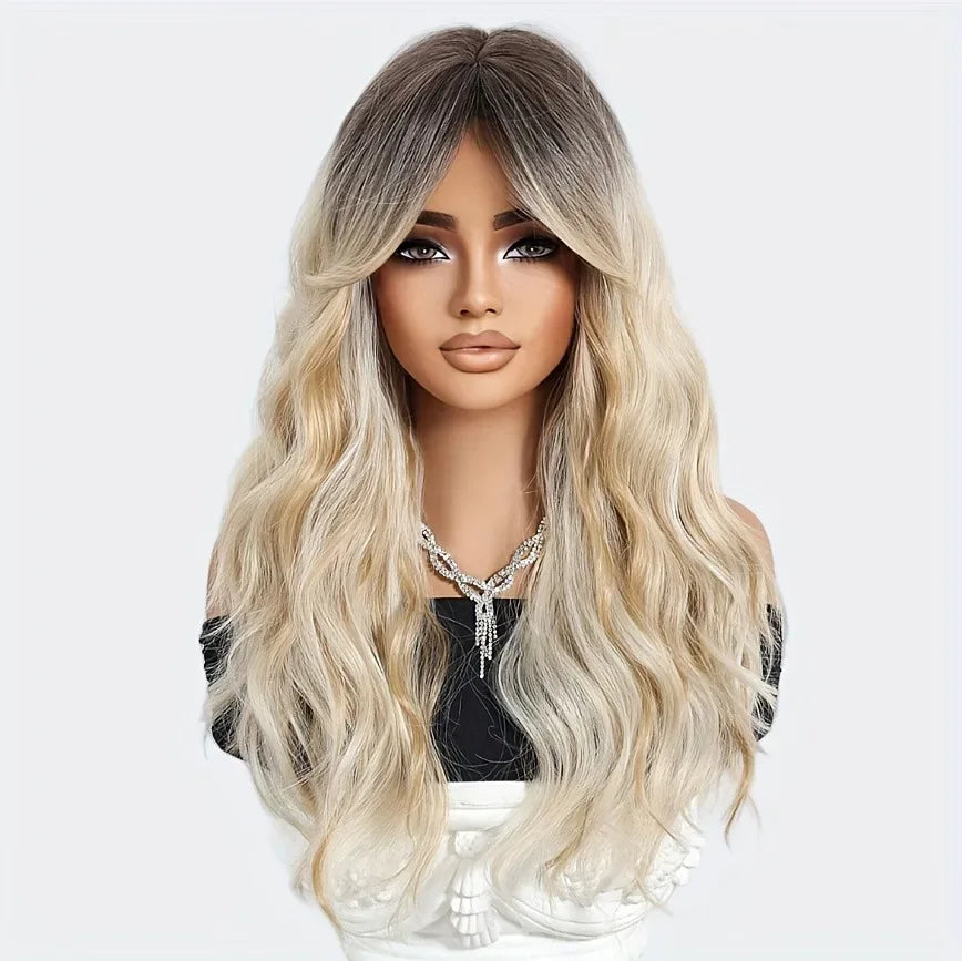 [Heat Resistant Wig] Elegant Heat Resistant Long Curly Wave Wig with Bangs | Synthetic Hair, Suitable for Beginners, Ideal for D - Luvia