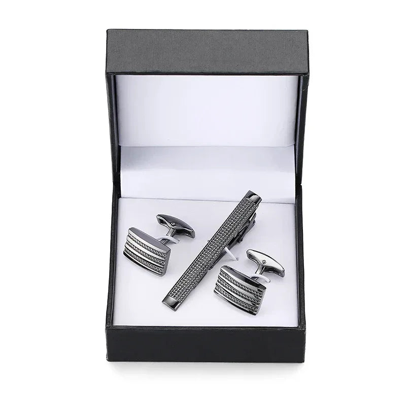 Tie clip cufflink box set square brushed enamel striped cross design men's French shirt cufflinks business suit tie clip gift - Luvia