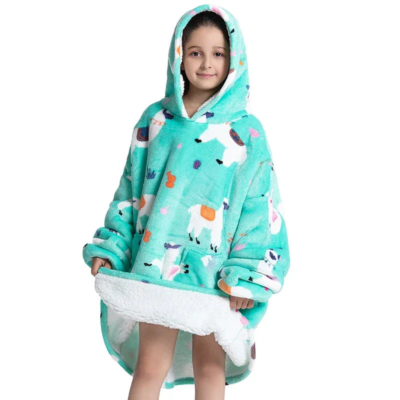 Oversized Wearale Blanket Hoodie Flannel Sherpa Fleece Warm Soft Winter Hoodie Sweatshirt for Kids Adults Home Blanket Snuggle - Luvia