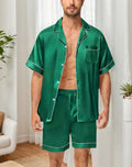 Men's Silky Satin 2Pcs Pajama Set Short-Sleeve Lapel Chest Pocket Shirt And Shorts Smooth Touch Soft Sleepwear Cozy Nightshirts - Luvia