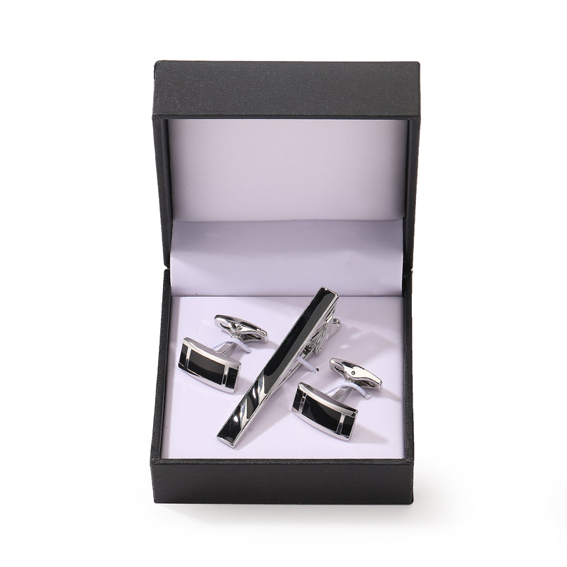 Tie clip cufflink box set square brushed enamel striped cross design men's French shirt cufflinks business suit tie clip gift