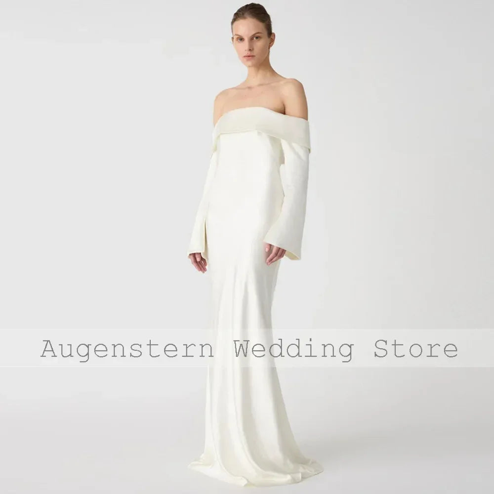 Formal Civil Wedding Dresses White Satin Ruched Elegant Party Dresses Woman Straight Off-the-shoulder 2024 Bride Gowns for Women - Luvia