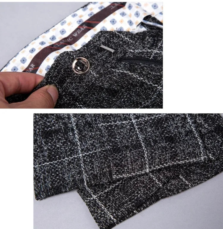 Formal Groom Wear 3 Piece (Blazer+ Vest + Pants) Men's Suit Fashion Business Gentleman Wedding Casual Plaid Cotton Linen Jacket - Luvia