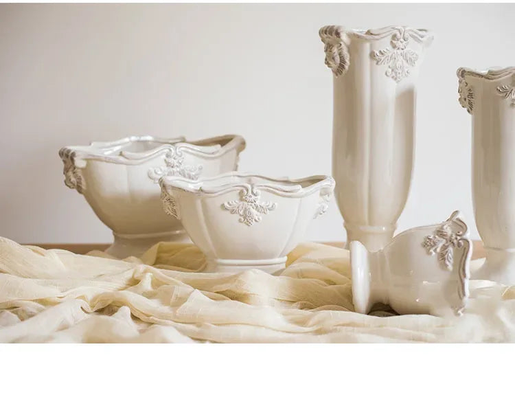 French Ceramic Vase Palace Flower Relief Decorative Living Room Flower Vases Retro Dining Room Desktop Ornaments Home Decoration - Luvia