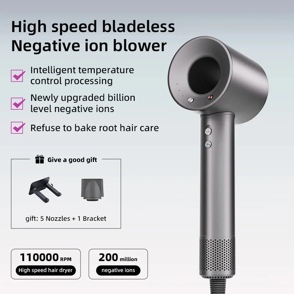 2025 Professional Leafless Hair Dryer Negative Ion Attachment Negative Ion Salon Tool Home Travel Portable Electric Hair Dryer - Luvia