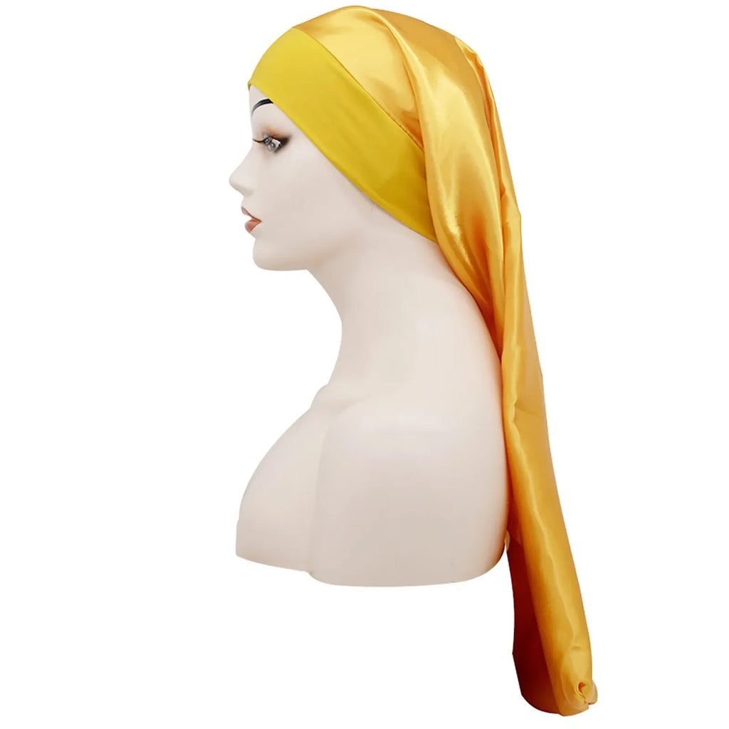 Long Satin Bonnet Sleep Cap Silk Sleeping Cap with Wide Elastic Band Loose Night Hat for Women Braids Curly Hair Black - Luvia