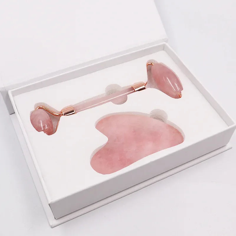 Natural Rose Quartz Jade Roller+Scraping Board Set Facial Massager Jade Stone Roller Gua Sha Face Lifting Massage Tool Skin Care - Luvia