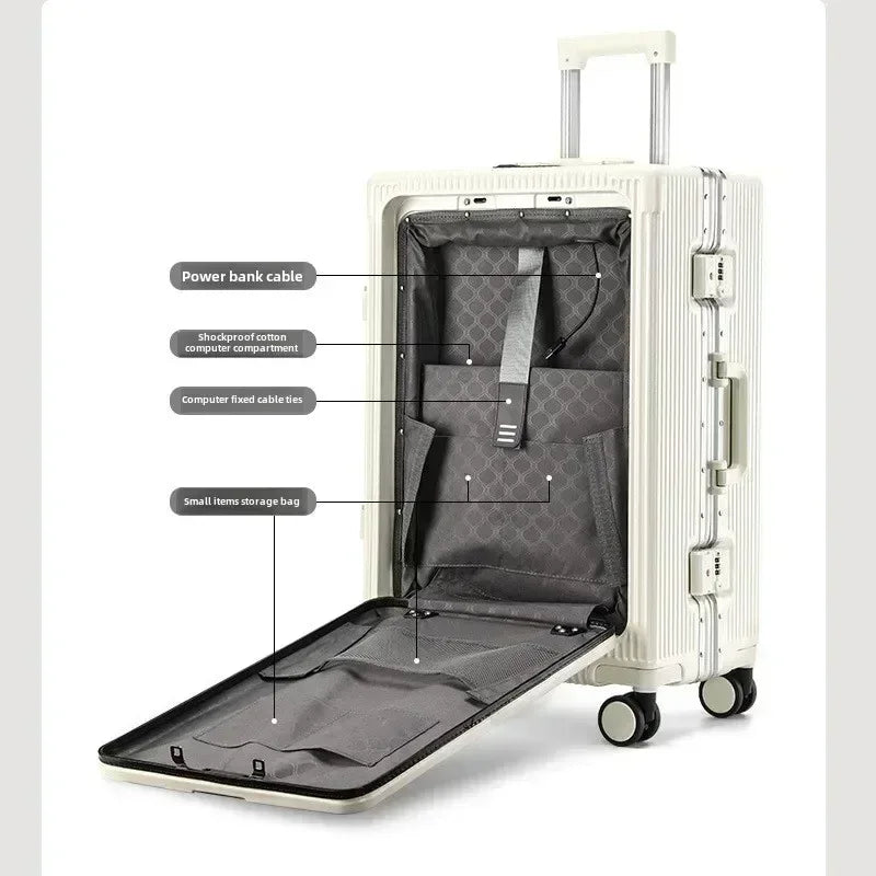 Front Opening Large Capacity Rolling Luggage Case Aluminum Frame ABS+PC Trolley Case Suitcase USB Charging Boarding Case - Luvia