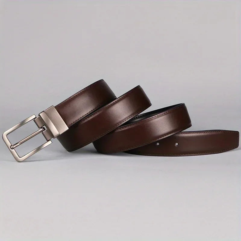 1pc Men's Leather Reversible Belt, Rotate Black Buckle - Luvia