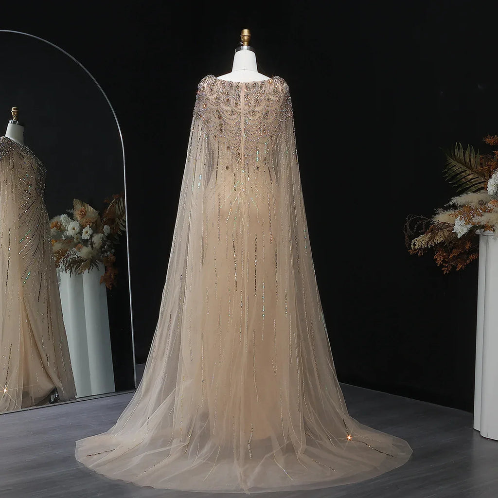 Sharon Said Luxury Gold Mermaid Evening Dress With Cape Sleeve for Women Wedding Party Lilac Prom Gown Arabic SS549 Customized - Luvia