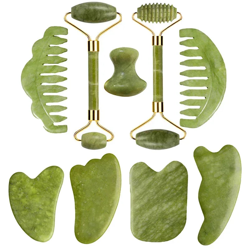 Natural Jade Roller Gua Sha Massage Set Guasha Board Comb Gouache Scraper Body Acupuncture Spa Facial Anti Aging Lifting Tools - Luvia
