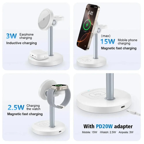 15W 3-in-1 Magnetic Wireless Charging Station For Magsafe iPhone 16 15 14 13 12 iWatch 10-2 SE AirPods Pro 4 Travel Fast Charger - Luvia