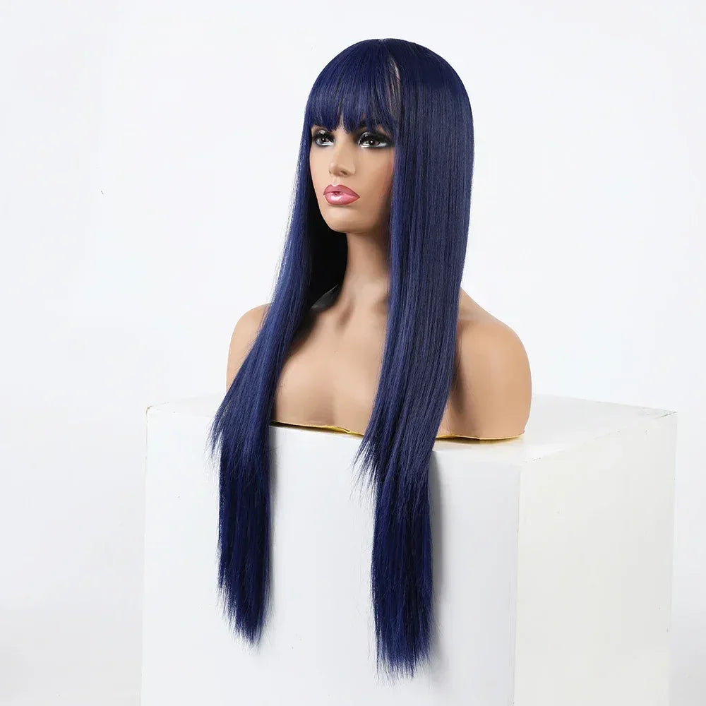 Synthetic Replacement Hair Wig With Bangs Blue Color Heat Resistant Wigs for Fashion Women - Luvia