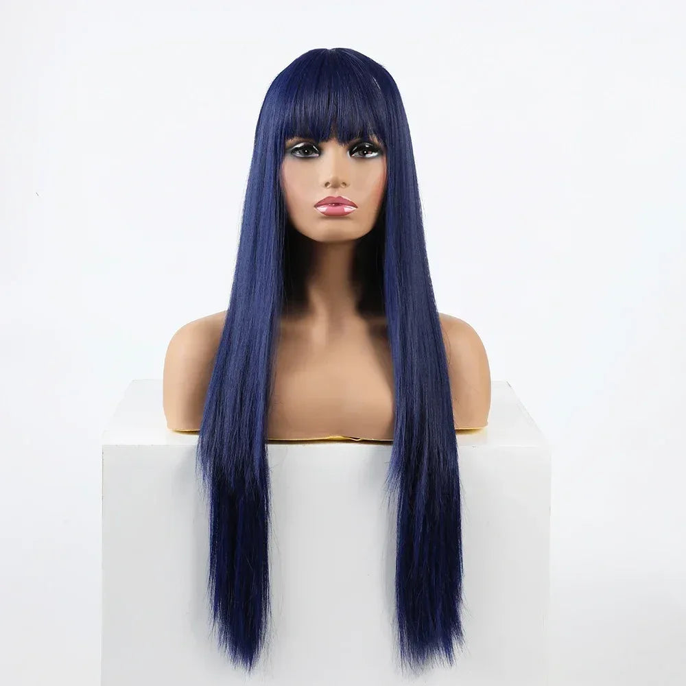 Synthetic Replacement Hair Wig With Bangs Blue Color Heat Resistant Wigs for Fashion Women - Luvia