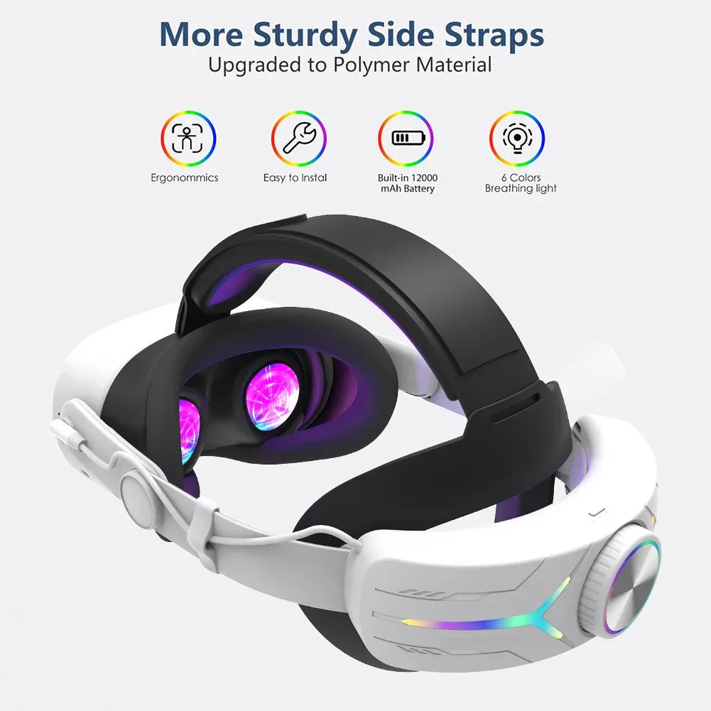 Adjustable RGB Head Strap with 12000mAh Battery Extend VR Playtime Comfort Replacement Head Strap for Meta Quest 3S - Luvia