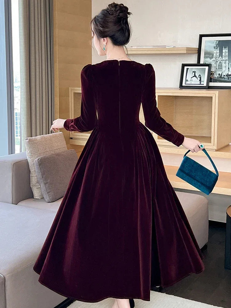 French Style Elegant Lady Dresses for Women Clothing Retro Velvet Diamonds Swing Long Robe Femme Party Prom Vestidos Spring New - Luvia