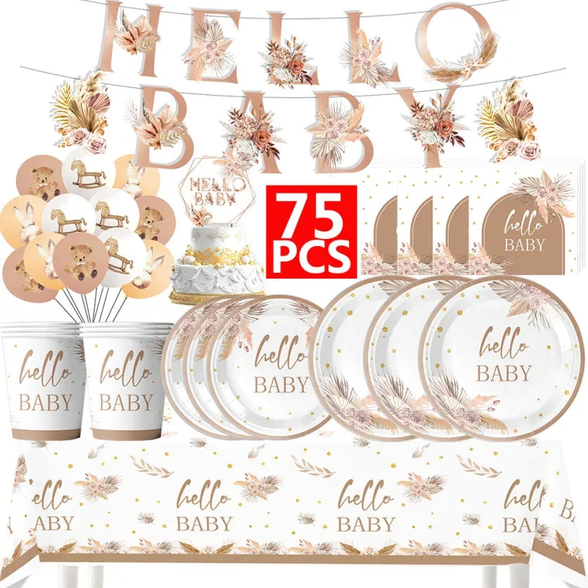 kit Kids Birthday Party Balloons Hello Baby Boy Girl DIY Cake Topper Paper Tableware 1st Birthday Party Baby Shower Decorations - Luvia