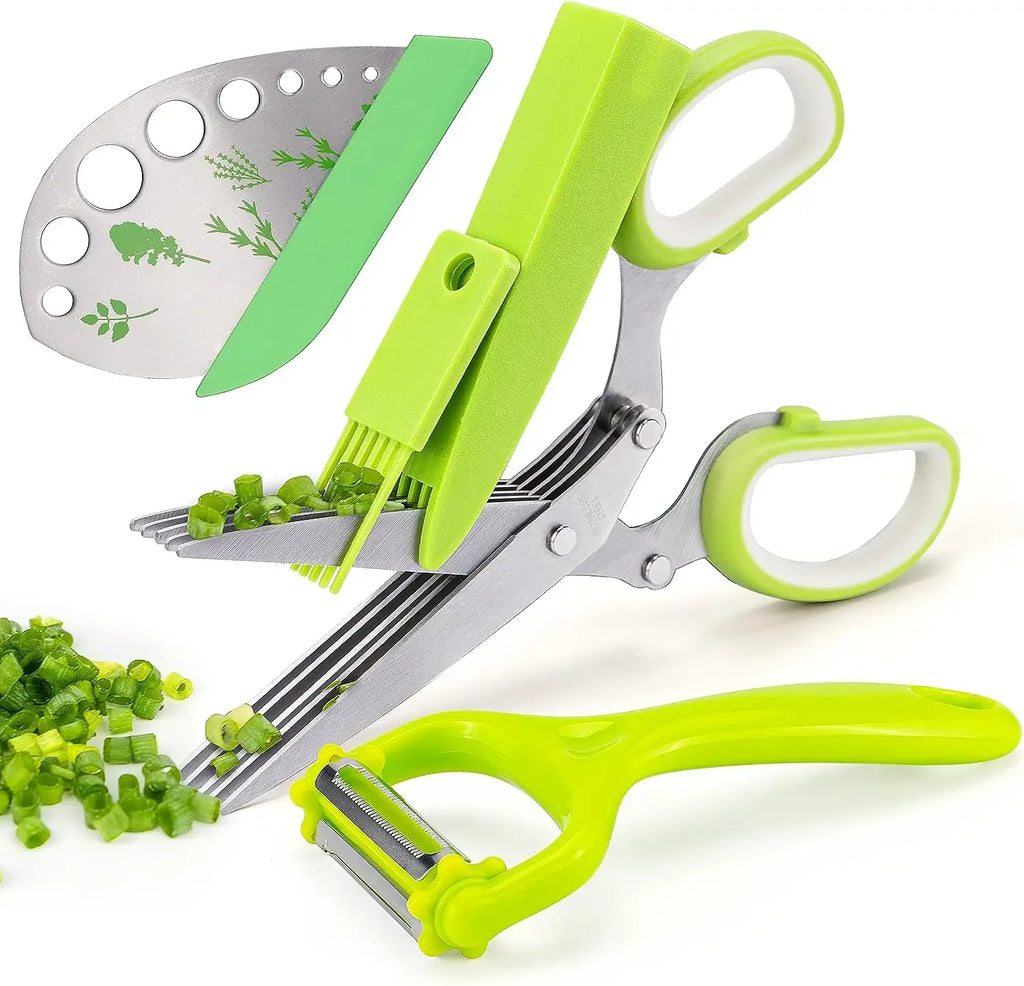 Herb Scissors Stainless Steel 5 Blade Kitchen Shears Household Vegetable Cutter with Cover Multifunctional Kitchen Gadgets - Luvia