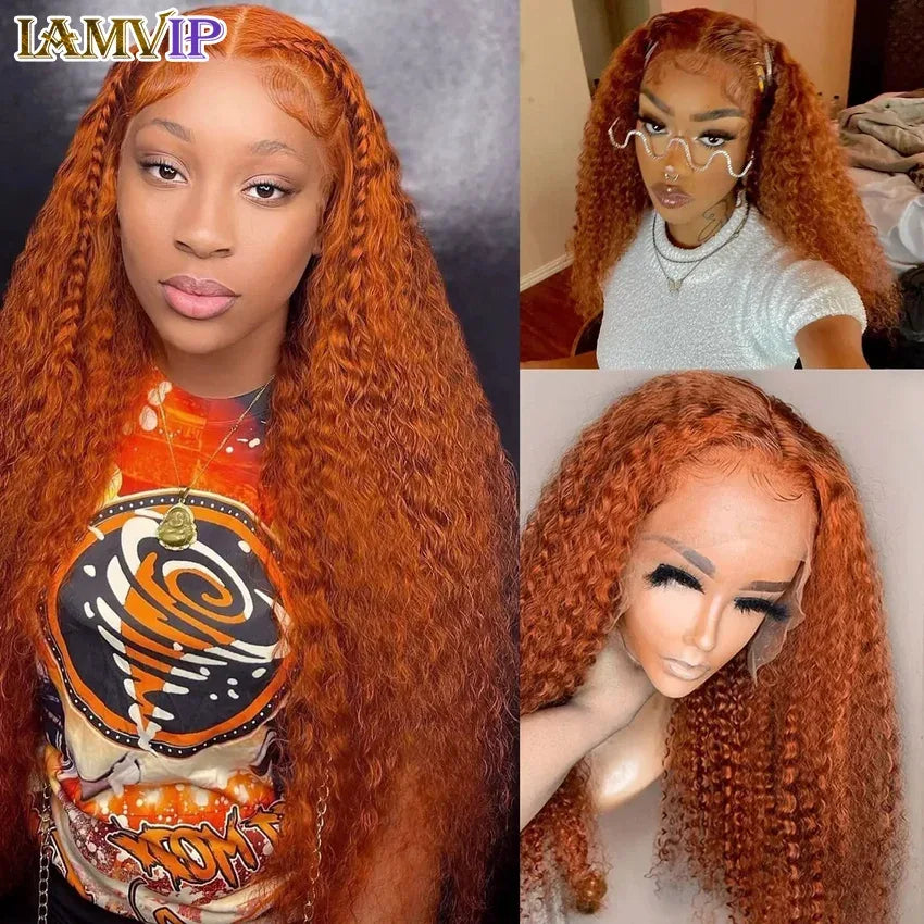 34 Inch 13x6 Full Lace Front Wigs Ginger Orange Color Water Curly Human Hair Wigs 13x4 HD Transparent Deep Wave Lace Frontal Wig - Luvia
