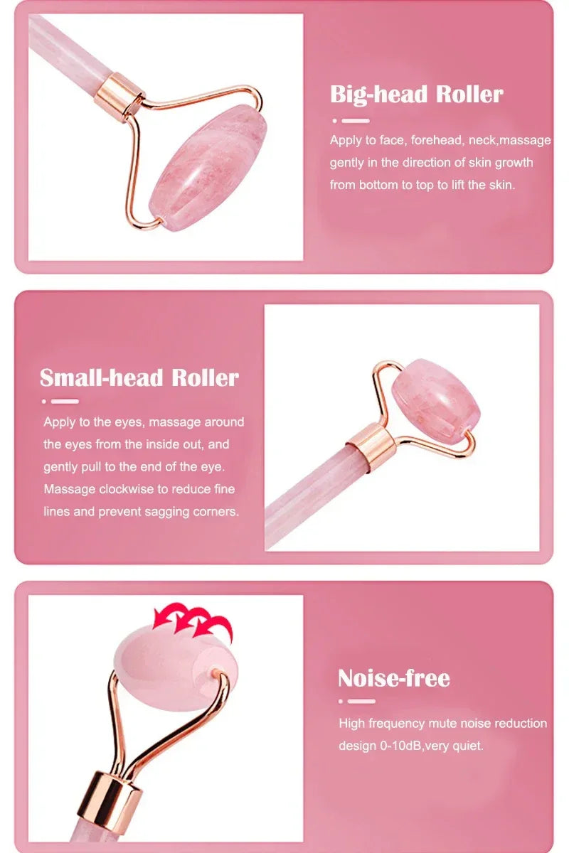 Natural Rose Quartz Jade Roller+Scraping Board Set Facial Massager Jade Stone Roller Gua Sha Face Lifting Massage Tool Skin Care - Luvia
