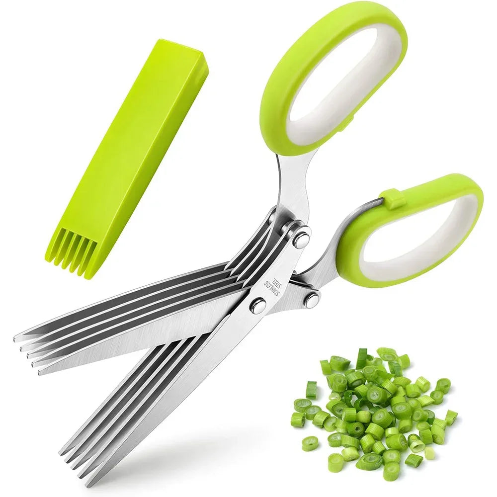 Herb Scissors Stainless Steel 5 Blade Kitchen Shears Household Vegetable Cutter with Cover Multifunctional Kitchen Gadgets - Luvia