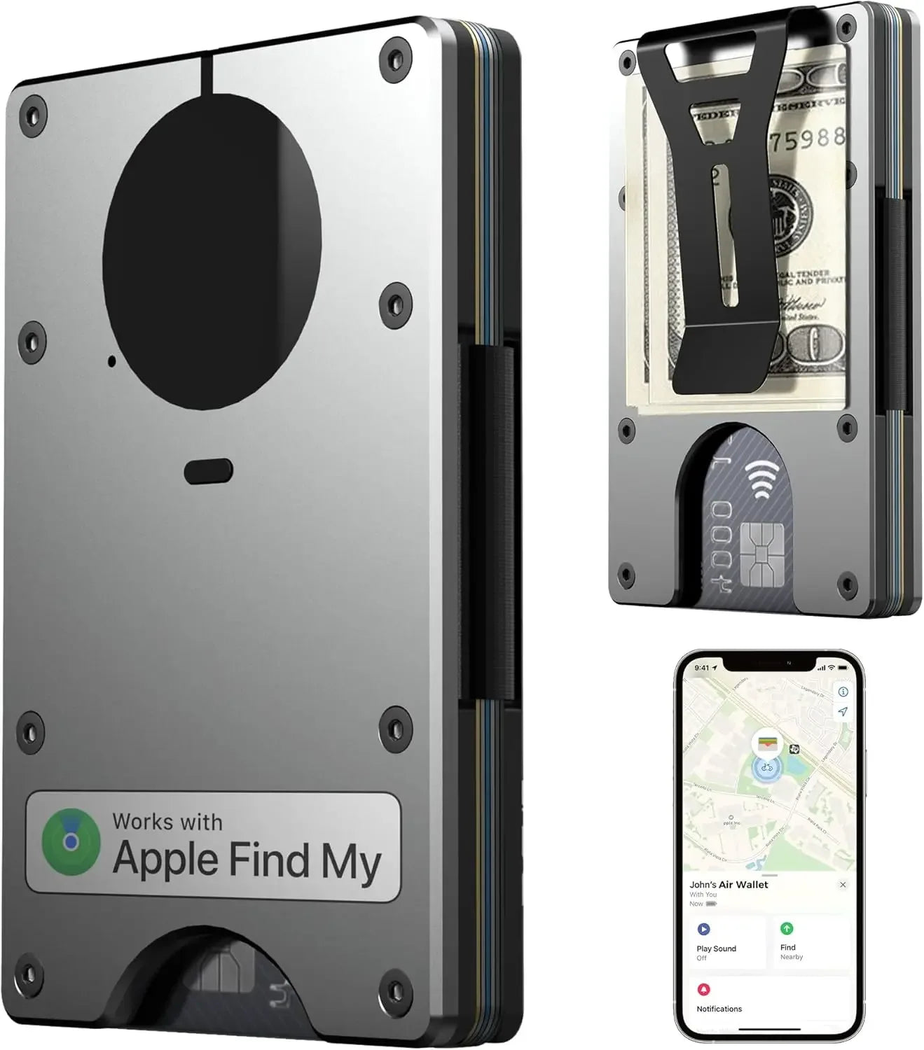 RFID Blocking Credit Card Holder, Slim Wallet For Men, Compatible with Find My iOS Only, Detachable Money Clip - Luvia