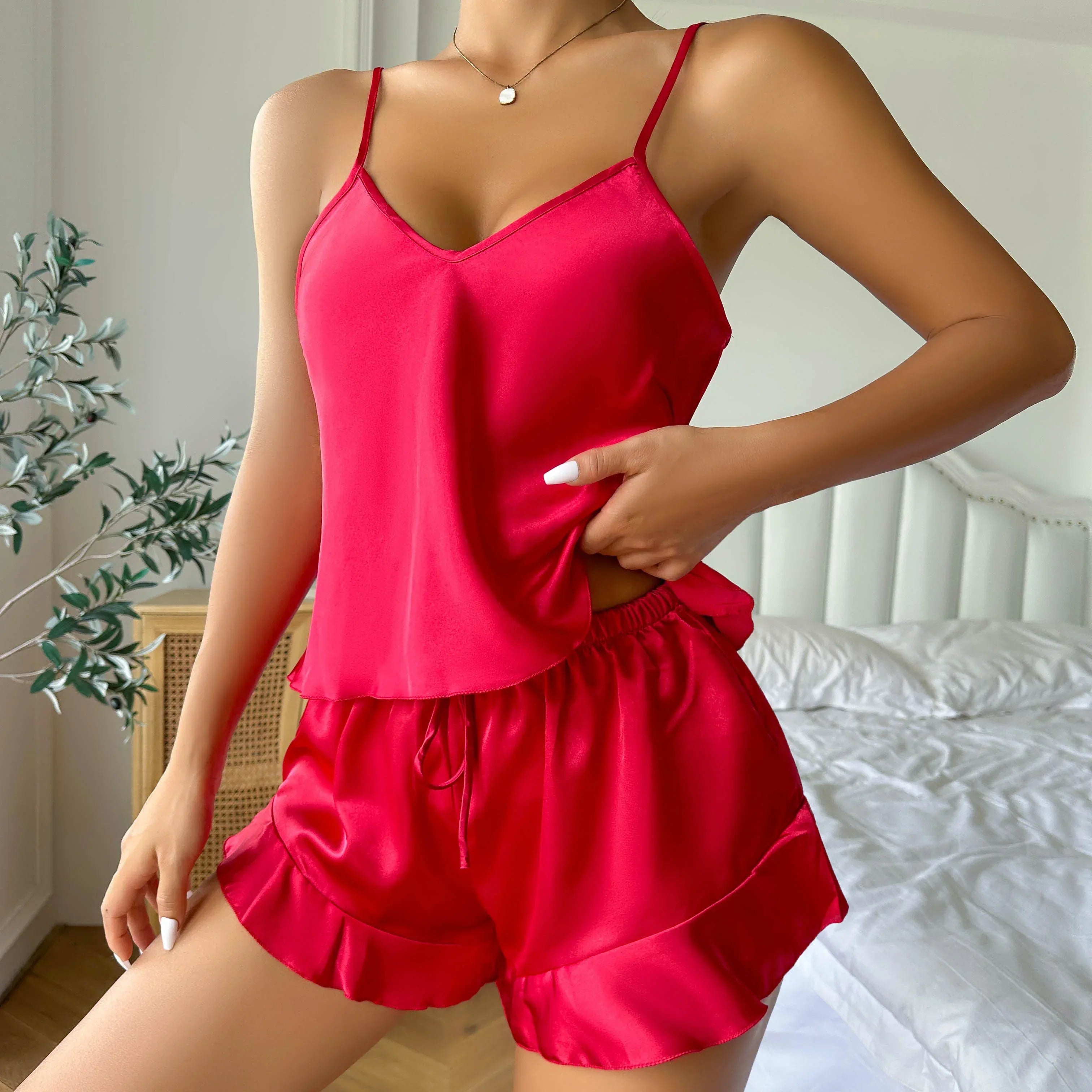 Simple Satin Pajama Set Long Sleeve Belted Robe V Neck Cami Top And Shorts Women's Sleepwear - Luvia