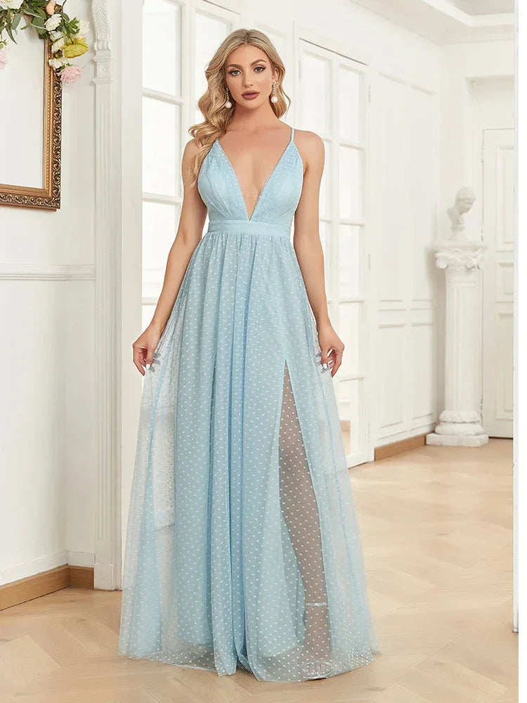 Elegant A-line Chiffon Evening Dresses Luxury Floor Lenght Backless Formal Deep V-neck Women Tulle Caicktail Wedding Party Gowns - Luvia