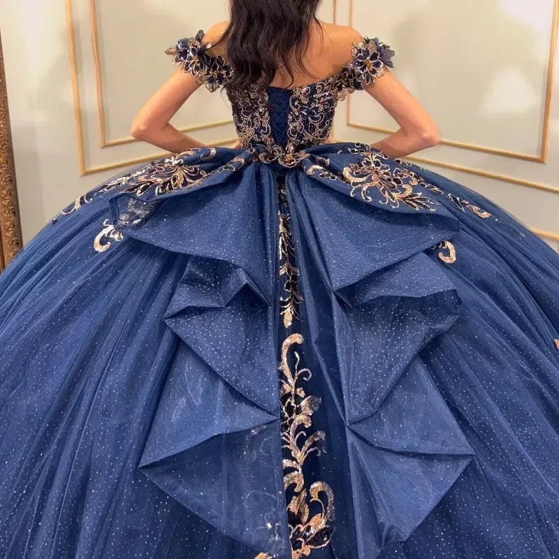 Glittering Navy Blue Quinceanera Dresses With Bow Golden Lace Appliques Vestidos De 15 Anos Birthday Party Princess Off-Shoulder - Luvia