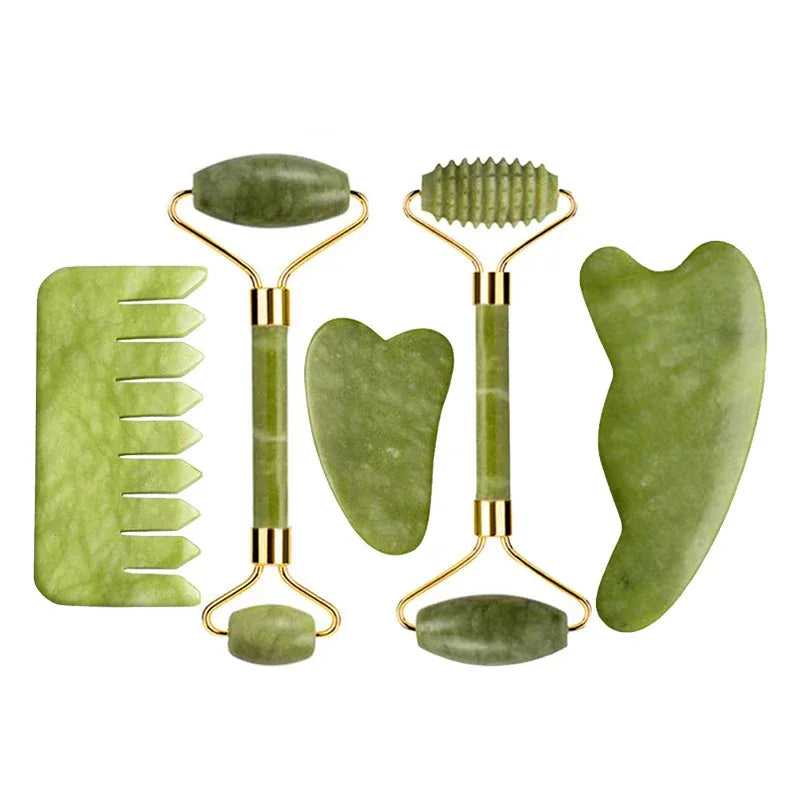 Natural Jade Roller Gua Sha Massage Set Guasha Board Comb Gouache Scraper Body Acupuncture Spa Facial Anti Aging Lifting Tools - Luvia