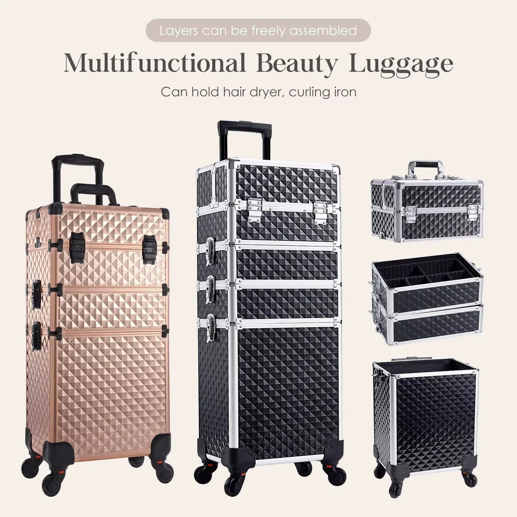 Rolling Makeup Train Case Cosmetic Trolley 4 in 1 Large Capacity Makeup Travel Case with Key Wheels Salon Barber Case Traveling - Luvia