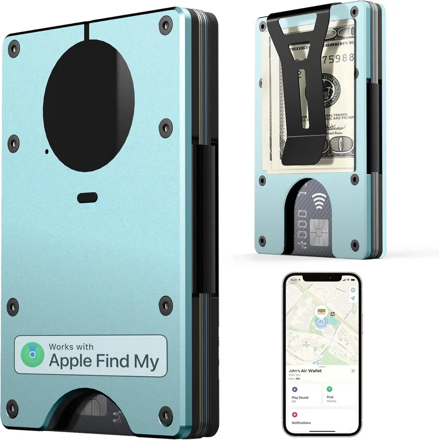 RFID Blocking Credit Card Holder, Slim Wallet For Men, Compatible with Find My iOS Only, Detachable Money Clip - Luvia