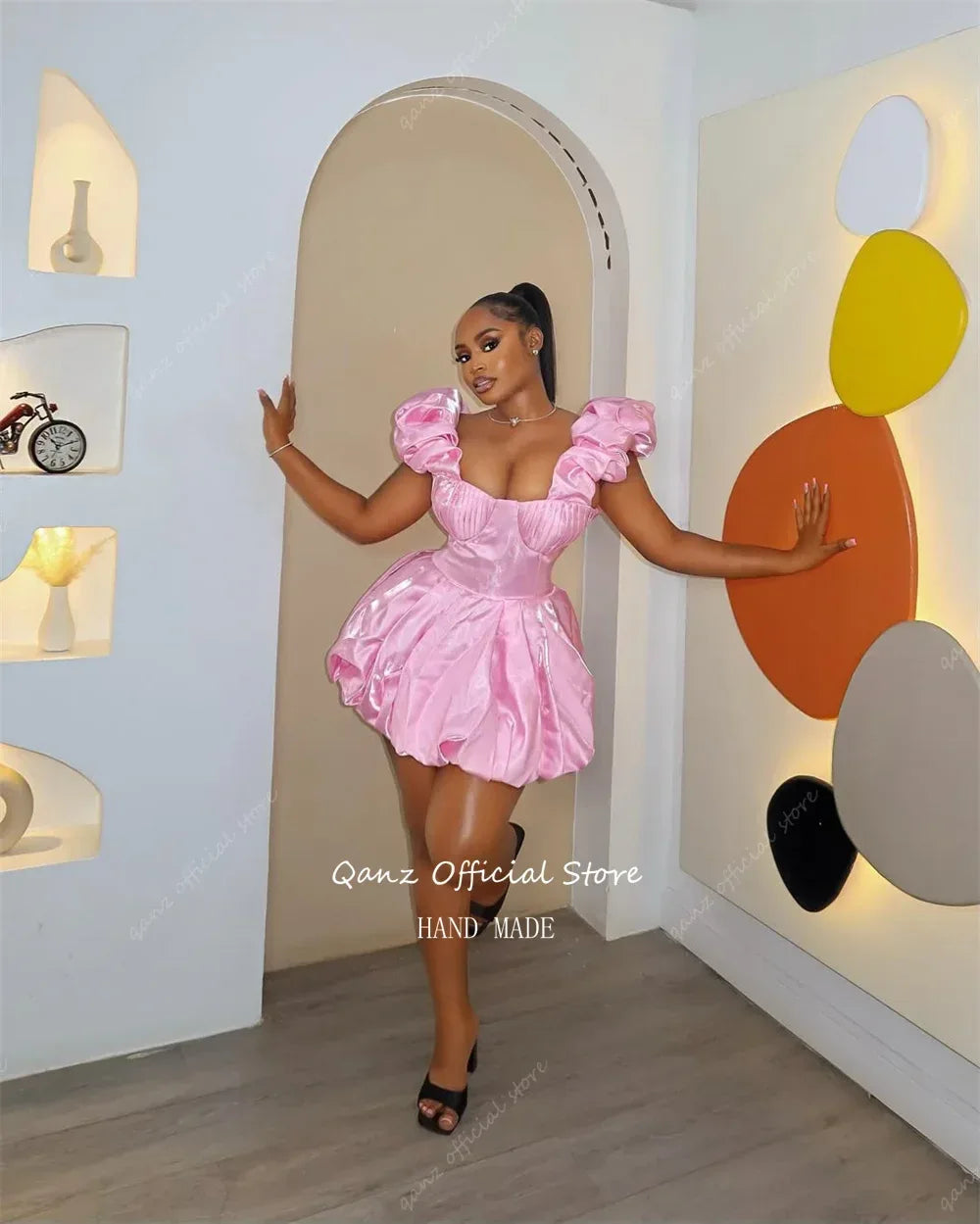 Qanz Pink Shiny Satin Prom Dresses Sweetheart Short Birthday Party Dress Spaghetti Straps Mini Vestidos De Graduación Customized - Luvia