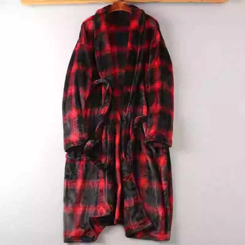 Men's Nightgown Home clothes Robes Winter warmth flannel bathrobe Plaid Pajamas Male lounge sleepwear - Luvia