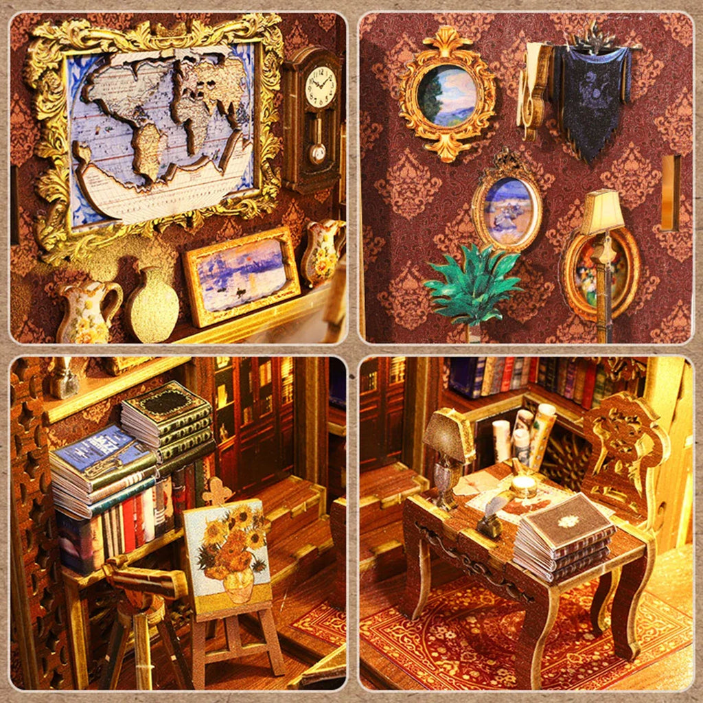 New DIY Book Nook Kit 3D Wooden Miniature Dollhouse Bookend Building with LED Light Bookshelf Decoration Birthday New Year Gifts - Luvia