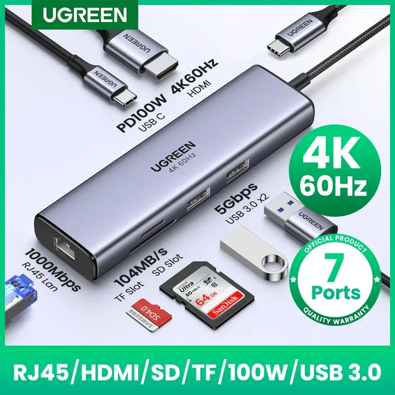 UGREEN USB HUB 7-in-1 Type-C to 4K60Hz HDMI SD&TF 5Gbps USB3.0 PD100W for Lapop Macbook Accessories USB Splitter Docking Station - Luvia