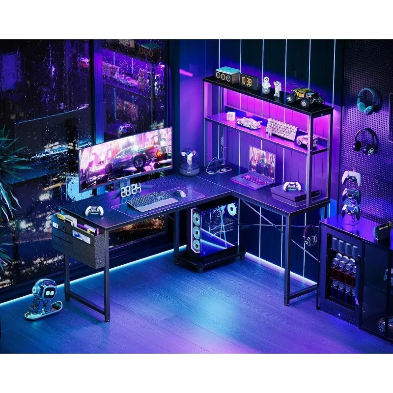 L Shaped Desk Gaming Desk with LED Light & Power Outlet, 53 Inch Reversible L Shaped Computer Table with Shelf & Storage Ba - Luvia