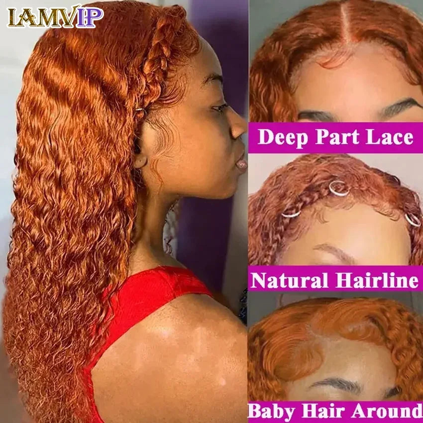 34 Inch 13x6 Full Lace Front Wigs Ginger Orange Color Water Curly Human Hair Wigs 13x4 HD Transparent Deep Wave Lace Frontal Wig - Luvia