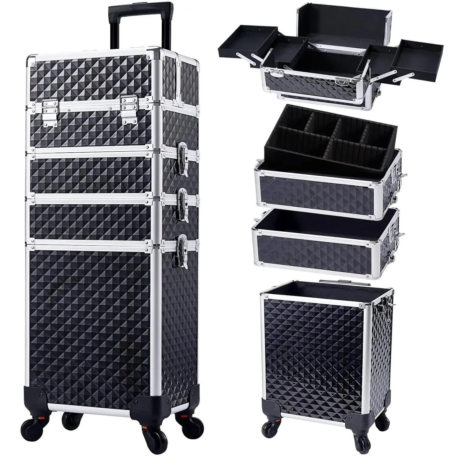 Rolling Makeup Train Case Cosmetic Trolley 4 in 1 Large Capacity Makeup Travel Case with Key Wheels Salon Barber Case Traveling - Luvia