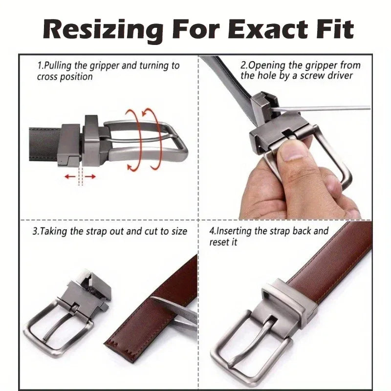 1pc Men's Leather Reversible Belt, Rotate Black Buckle - Luvia