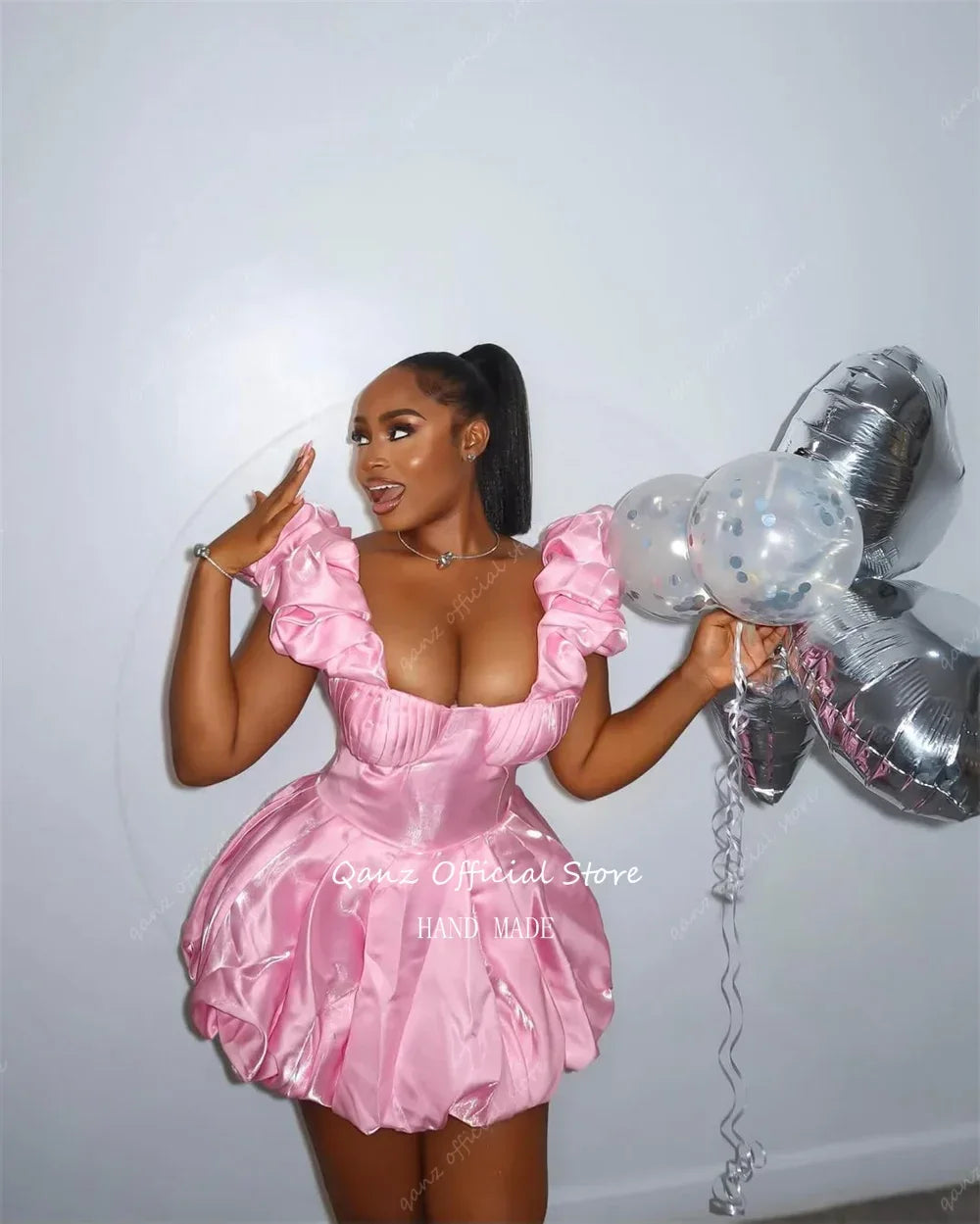 Qanz Pink Shiny Satin Prom Dresses Sweetheart Short Birthday Party Dress Spaghetti Straps Mini Vestidos De Graduación Customized - Luvia