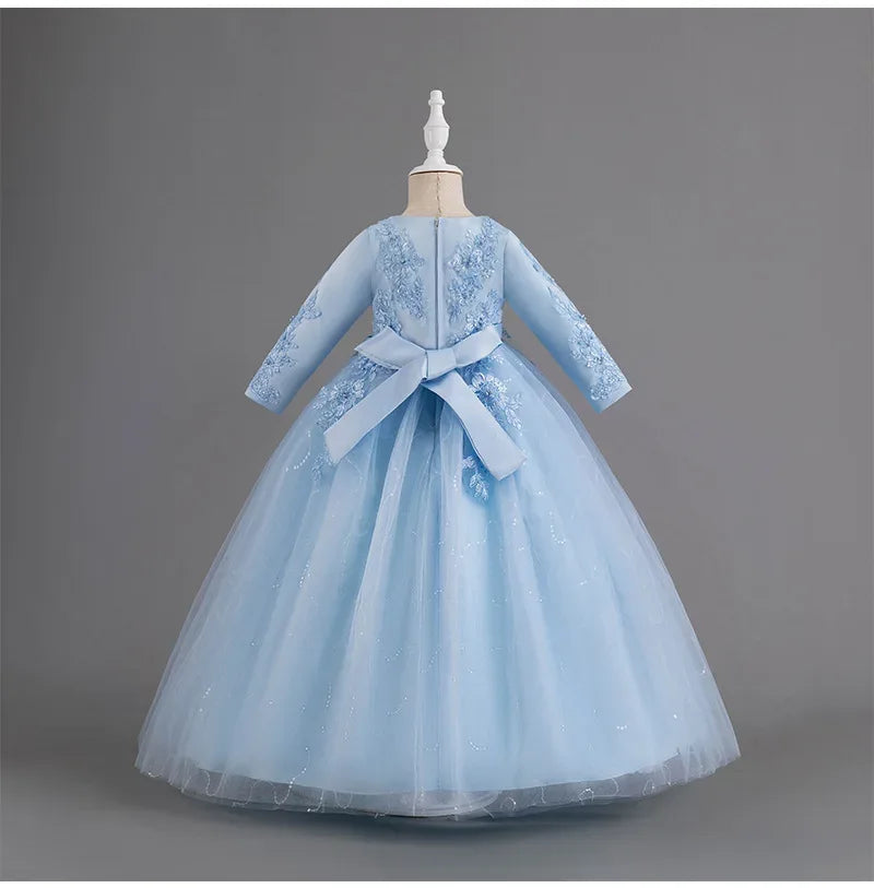 Formal Dress for Elegant Party Girls Dresses Long Sleeve Embroidery Girl's Ceremonial Clothes 5 to 14 Years - Luvia