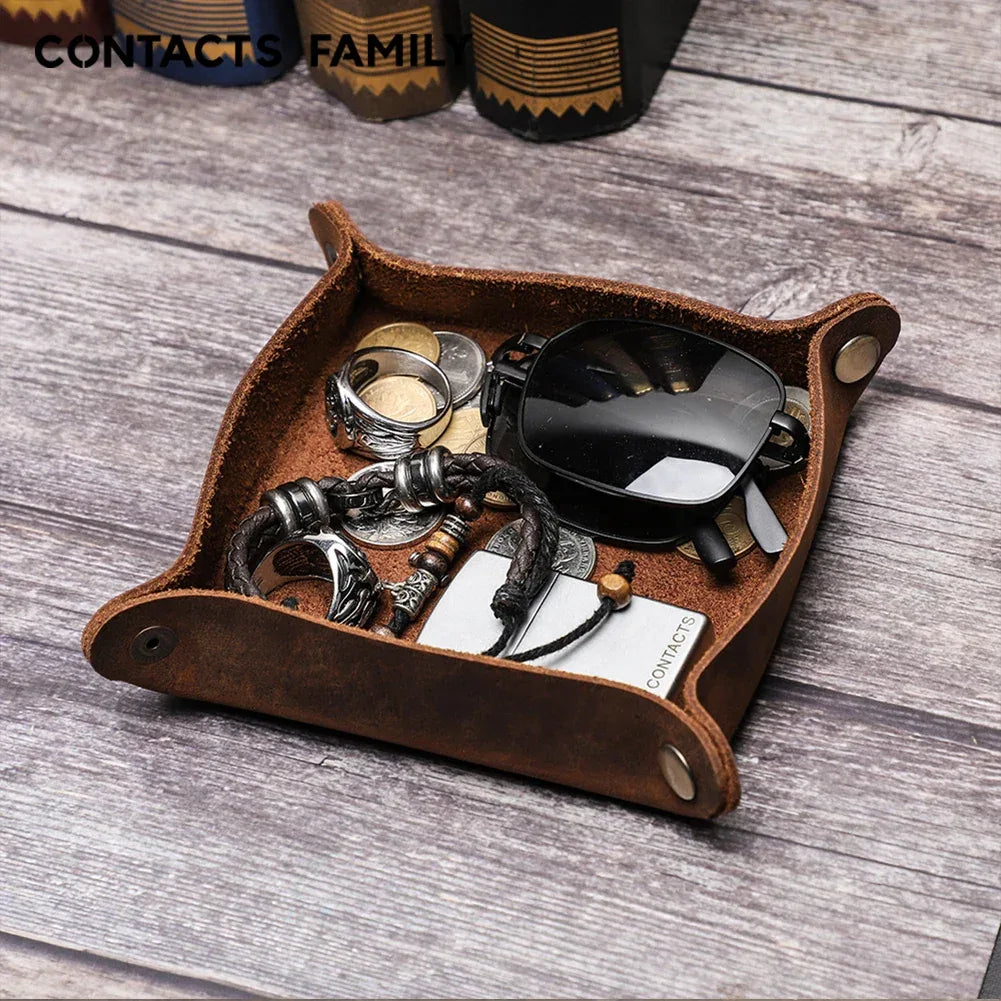 Creative Genuine Leather Valet Snap Tray Home Ofiice Desk Organizer Jewelry Pen Key Coin Desktop Storage Tray Folding Storage - Luvia