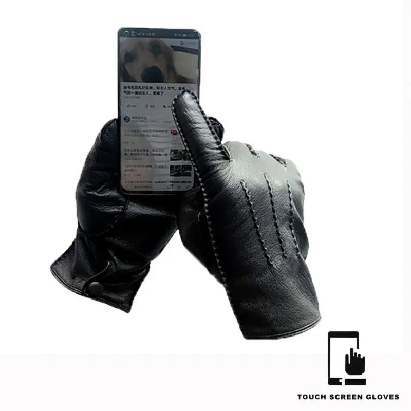 Deerskin Gloves Men's Touch Screen High-Quality Leather 2025 New Hand-Stitched Thin Wool Lining Keeps Warm in Autumn and Winter - Luvia